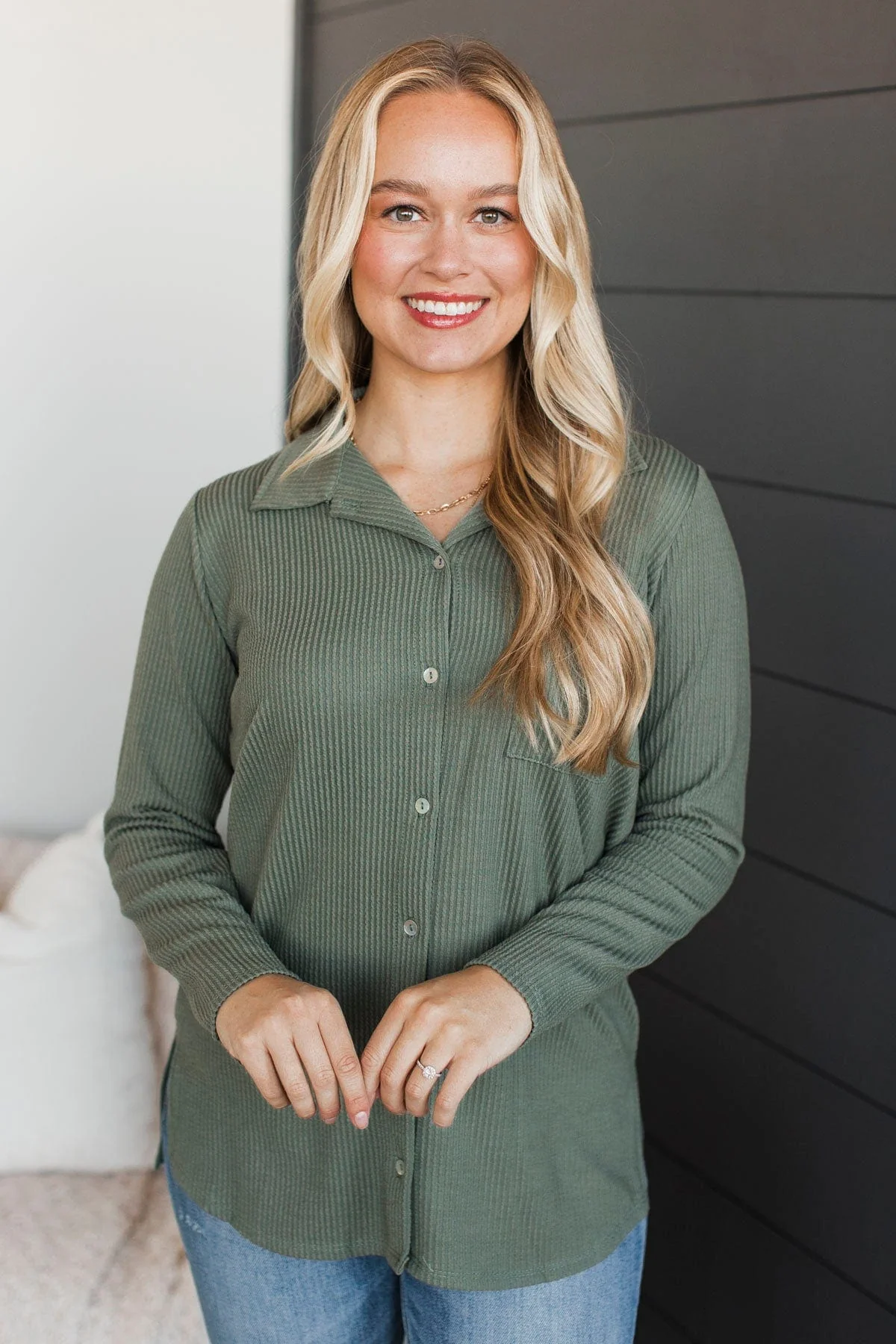 Blissful Moments Ribbed Button Top- Sage - Image 2