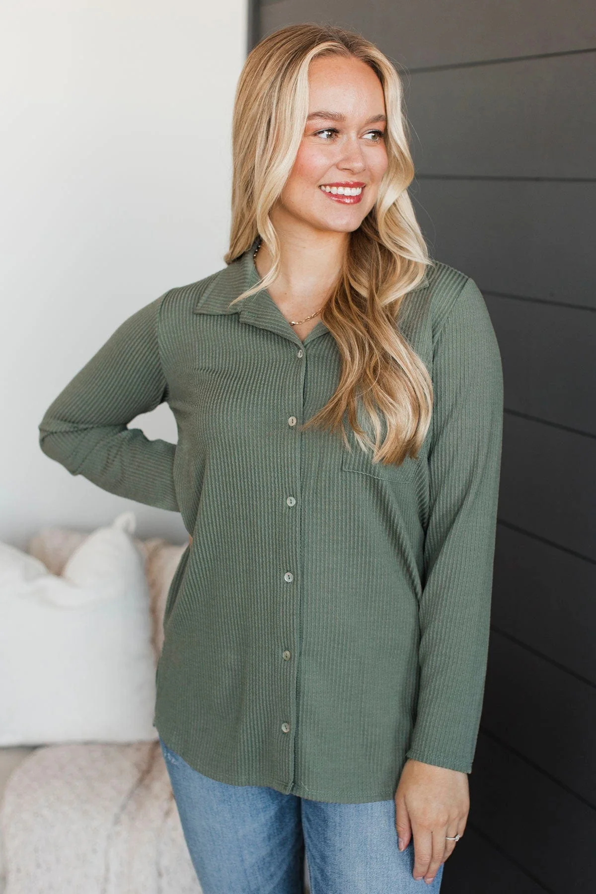 Blissful Moments Ribbed Button Top- Sage - Image 4