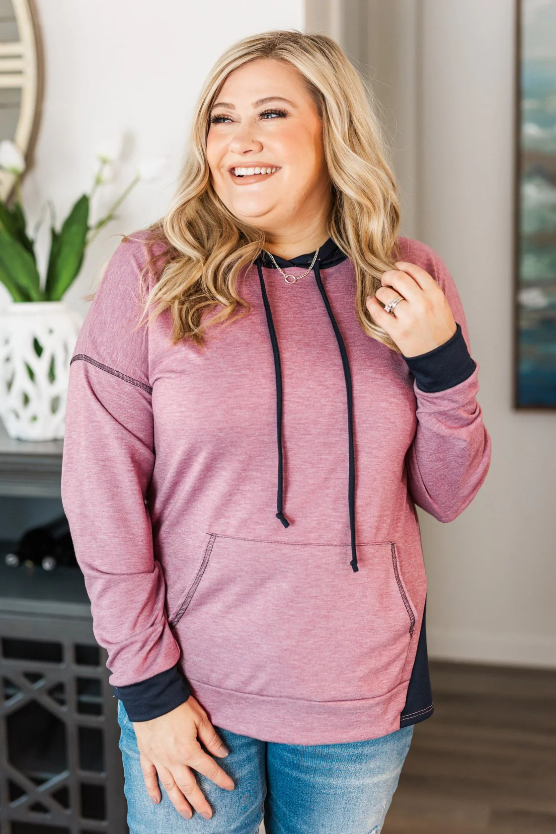 Blocking You Out Hooded Long Sleeve Top- Purple & Navy