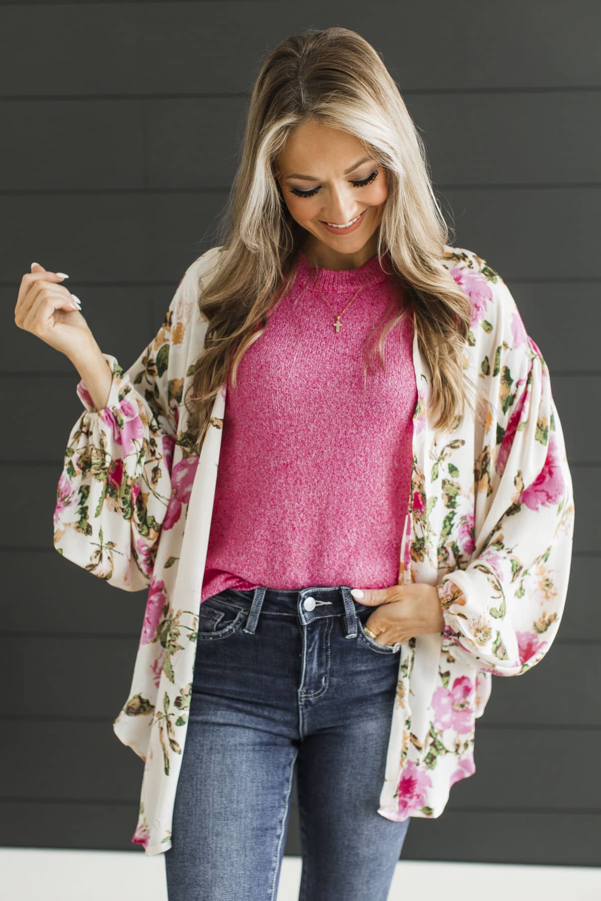 Bloom All Day Front Tie Floral Blouse- Ivory & Pink