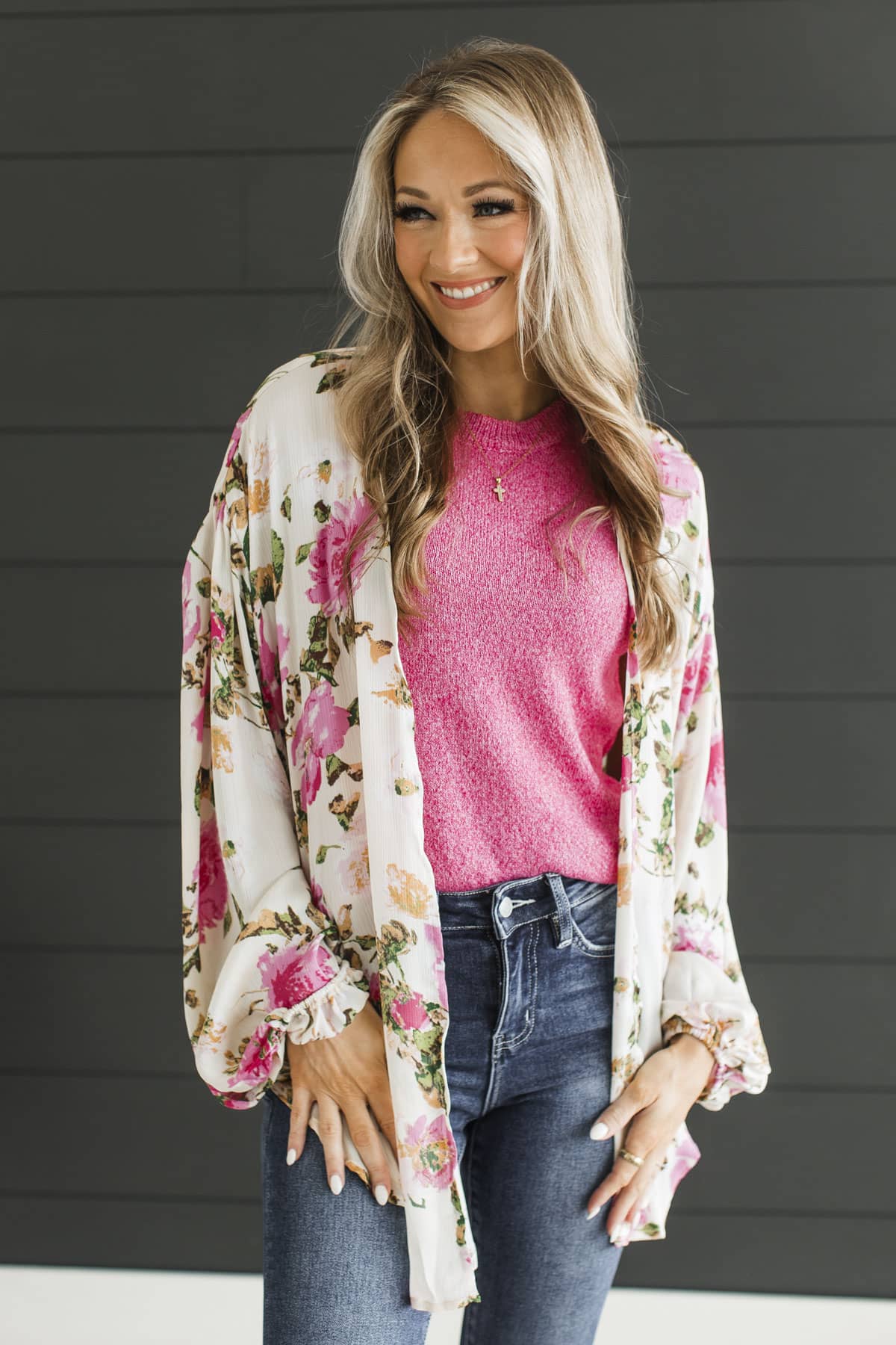 Bloom All Day Front Tie Floral Blouse- Ivory & Pink - Image 4