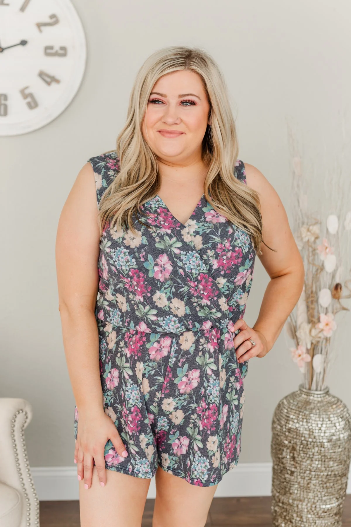 Bloom With Grace Floral Romper- Charcoal - Image 2