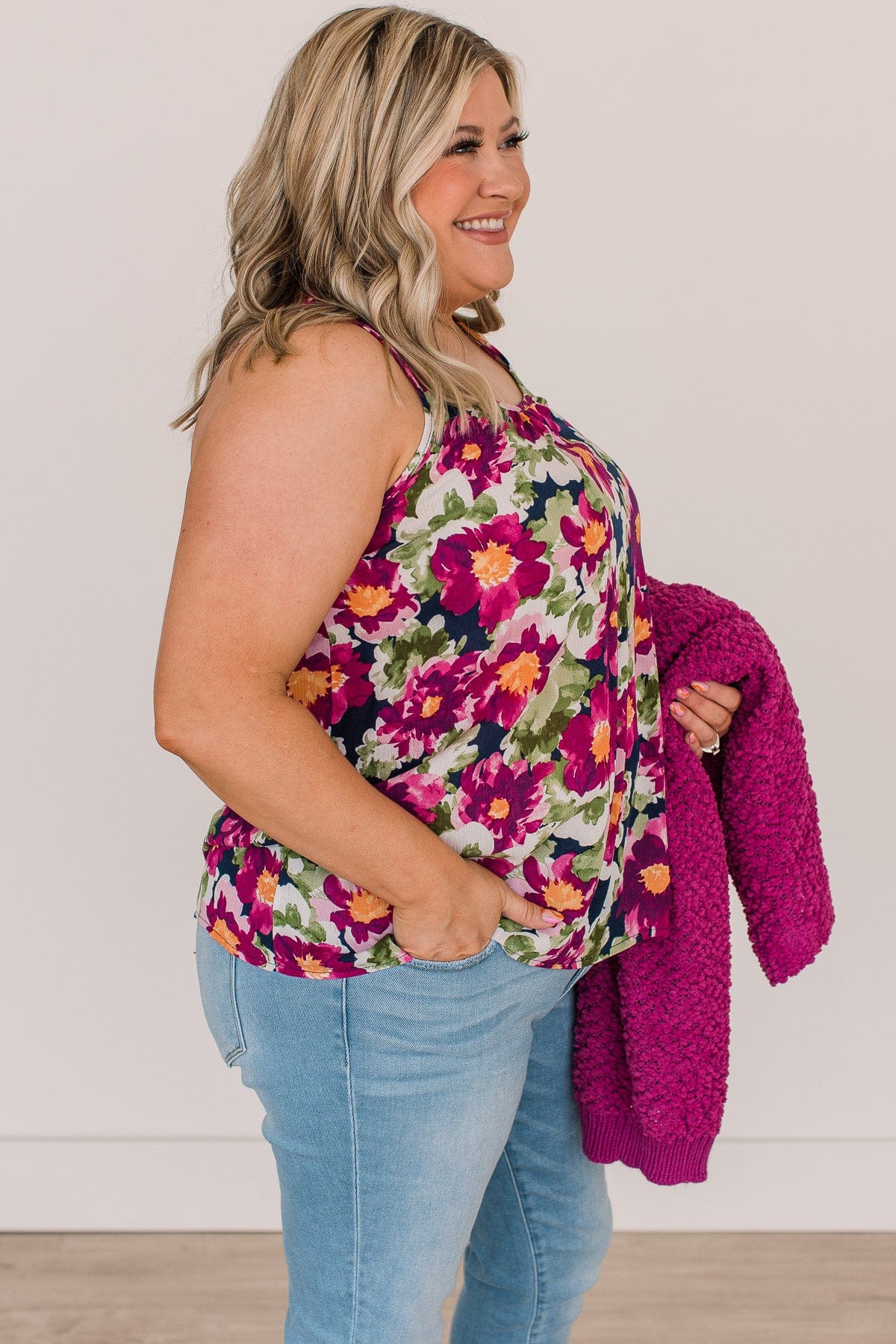 Bloom With Style Floral Tank Top- Navy & Magenta - Image 4