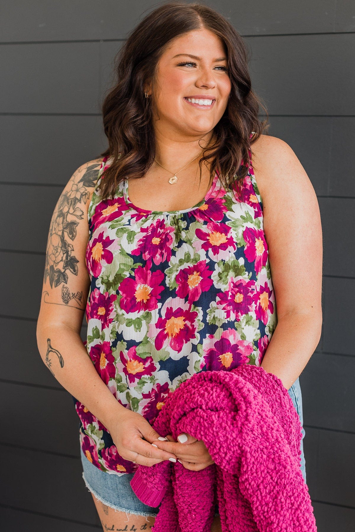Bloom With Style Floral Tank Top- Navy & Magenta - Image 7