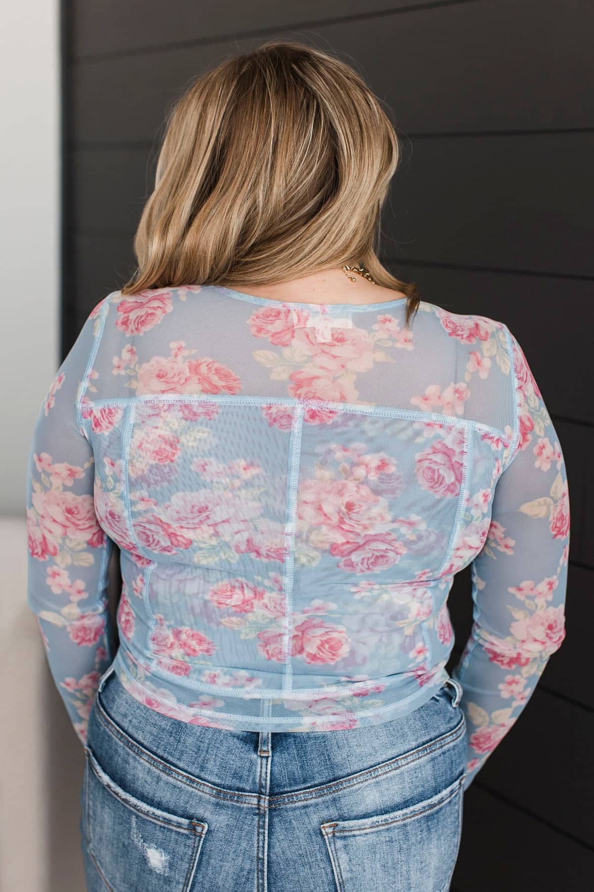 Blooming Brilliance Floral Mesh Long Sleeve Top- Light Blue - Image 8
