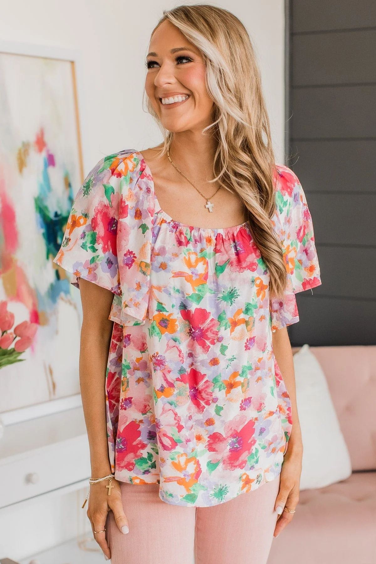Blooming Desires Floral Blouse- Ivory & Pink - Image 3