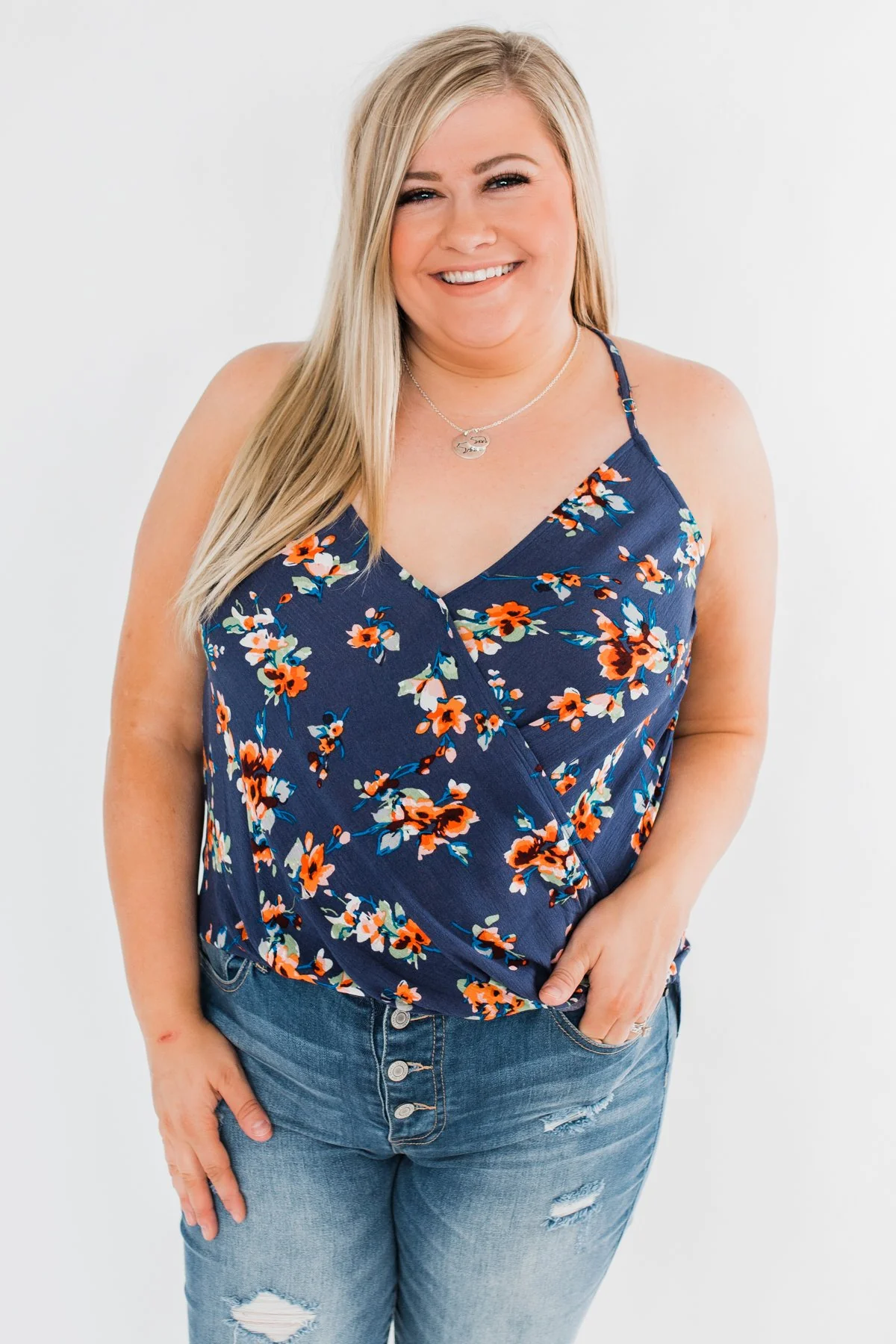 Blooming Endeavors Floral Tank top- Dark Blue - Image 4