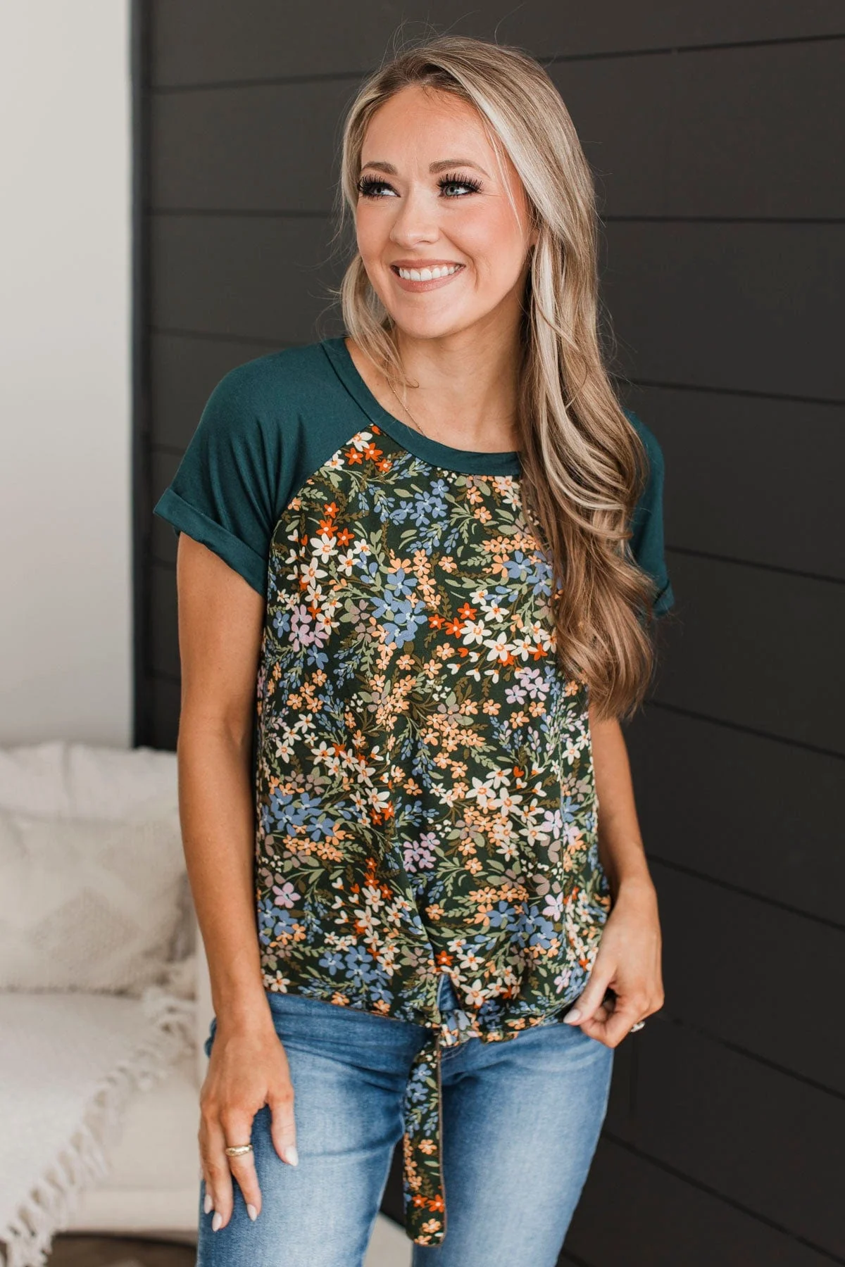 Blooming Right Floral Tie Top- Hunter Green - Image 4