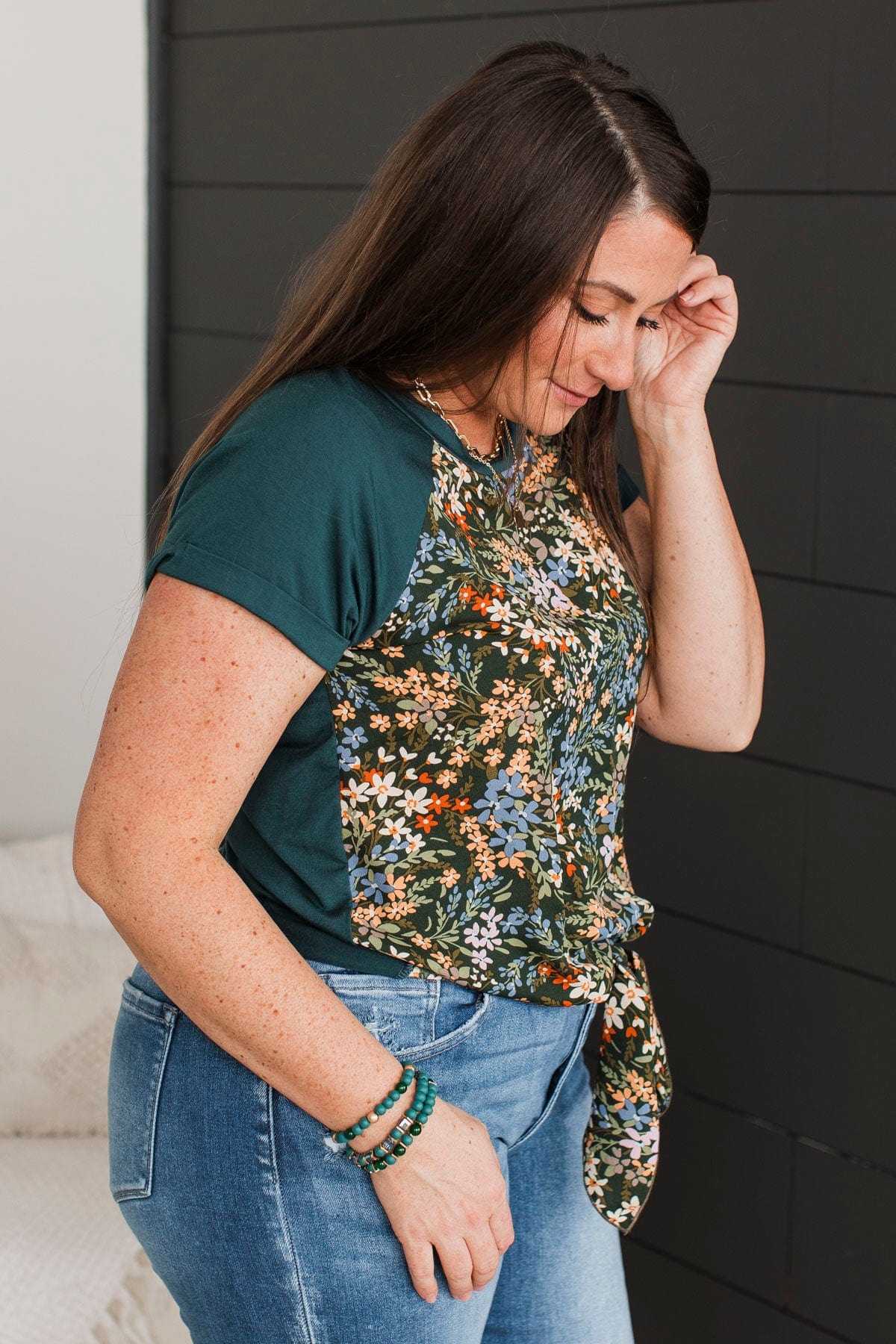 Blooming Right Floral Tie Top- Hunter Green - Image 9