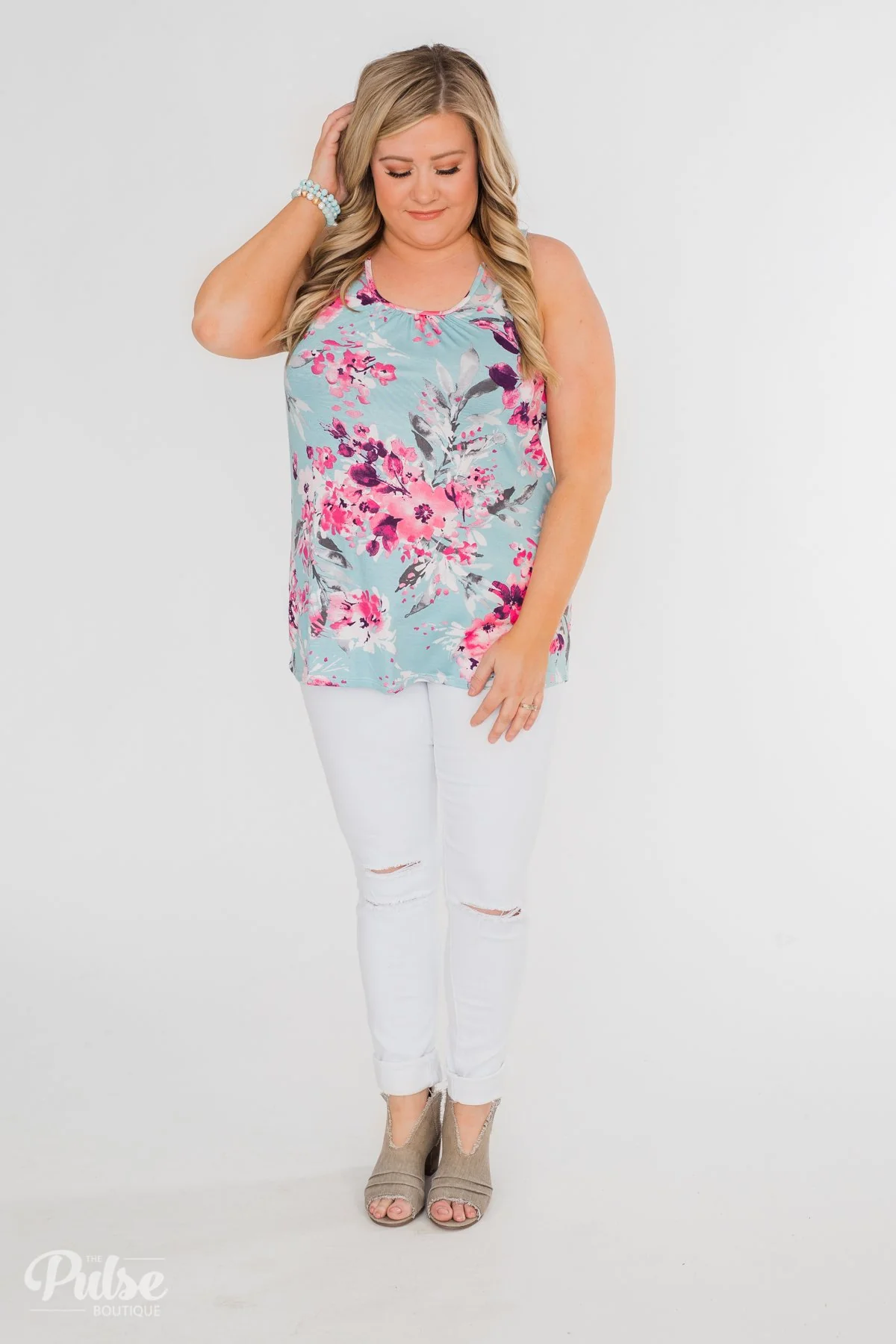 Blossom Into Love Floral Racerback Tank- Sky Blue - Image 4