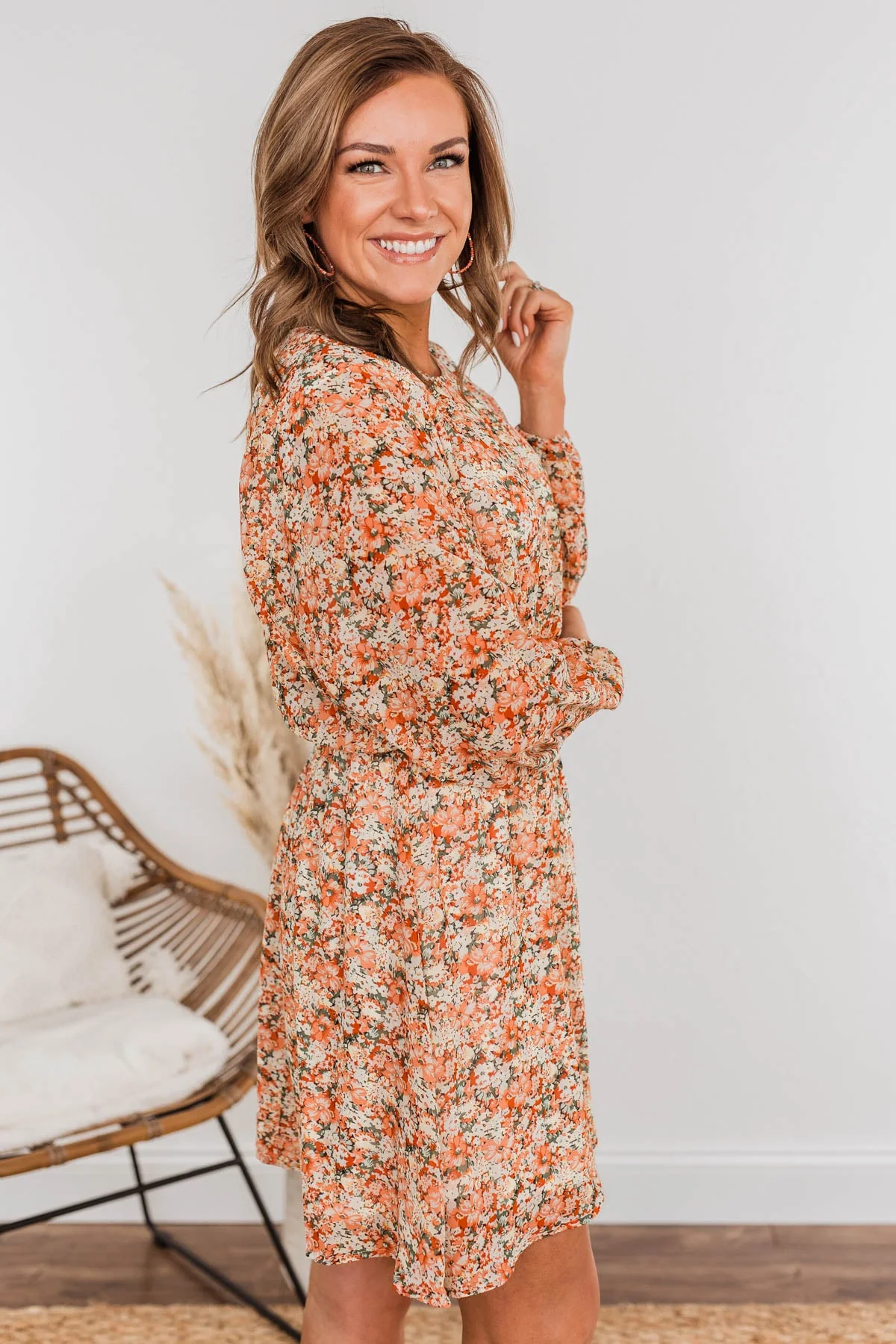 Blossoming Emotions Long Sleeve Floral Dress- Peach - Image 7