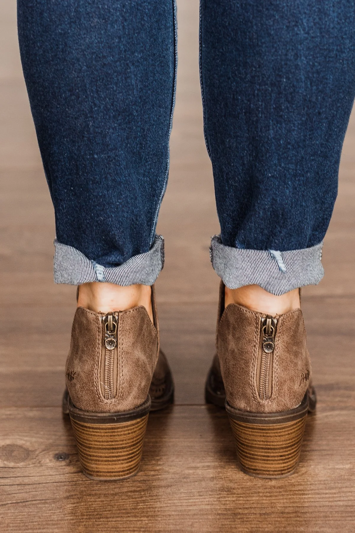 Blowfish Lassoh Booties- Taupe Prospector & Bronze Draped Micro Fiber - Image 5