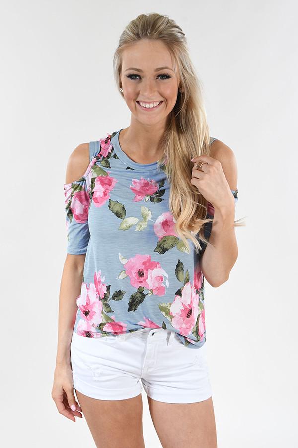 Blue Floral Cold Shoulder Top