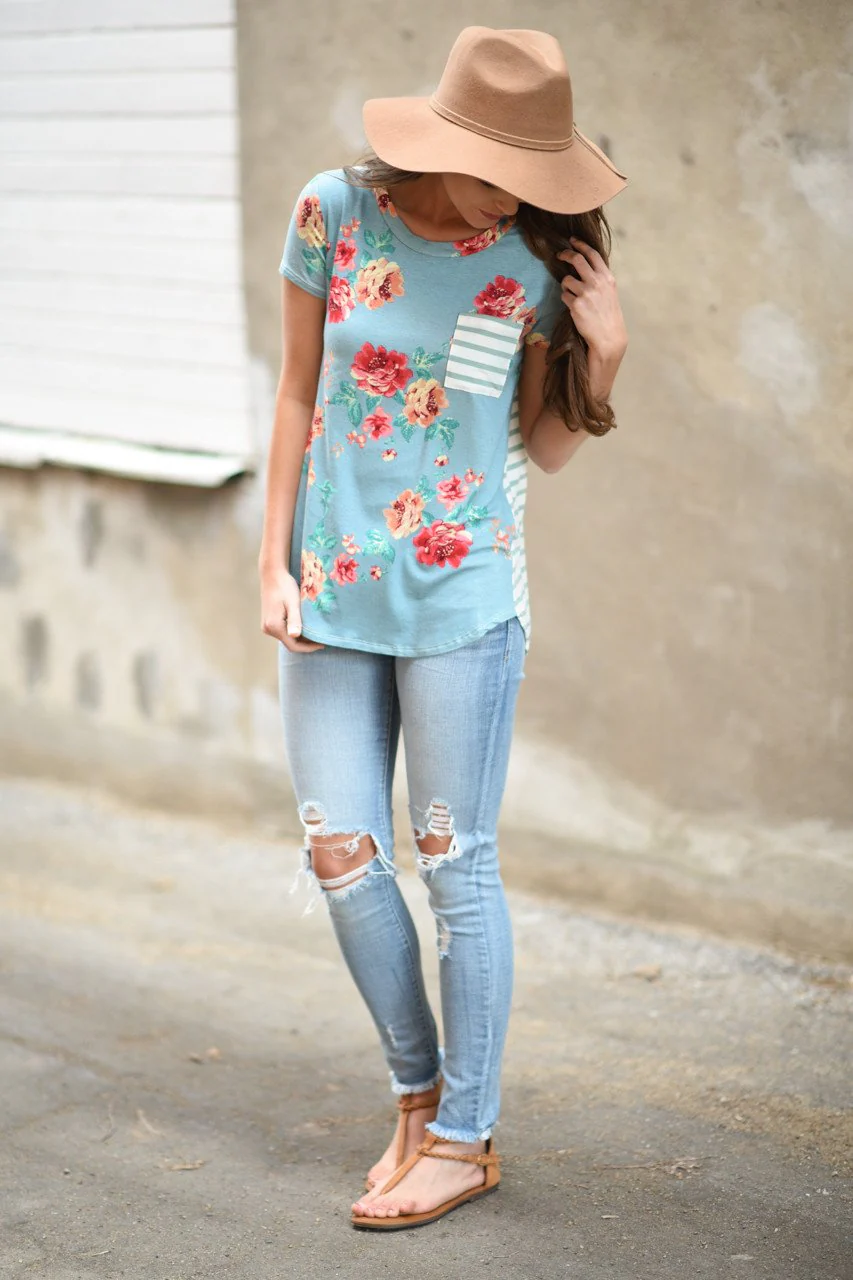 Blue Floral & Stripes Pocket Top - Image 3
