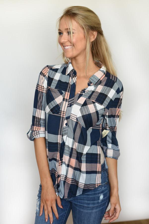 Blue & Peach Plaid Top - Image 3