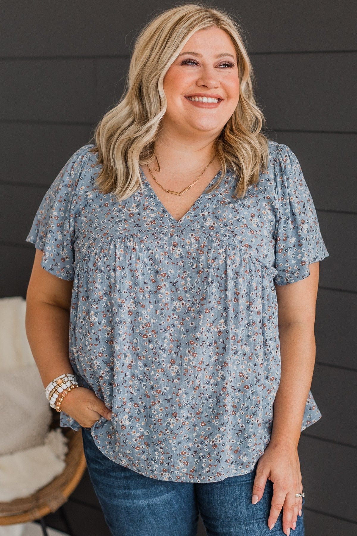 Blushing Beauty Floral Top- Denim Blue