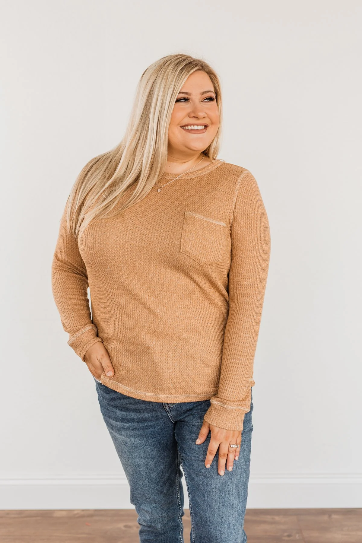 Blustery Days Thermal Knit Pocket Top- Dusty Camel - Image 3