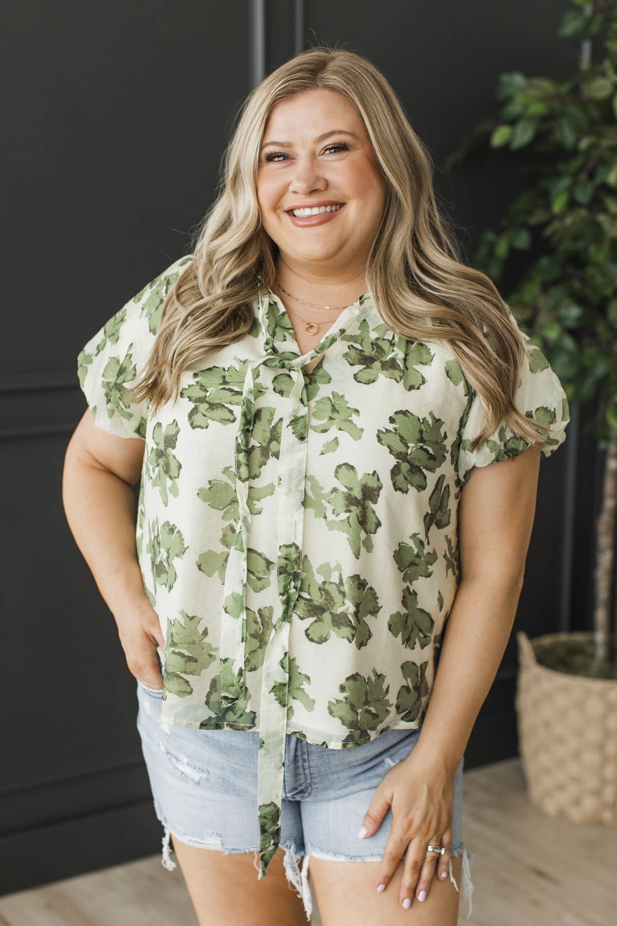Bold Elegance Bubble Sleeve Blouse- Cream & Green - Image 2