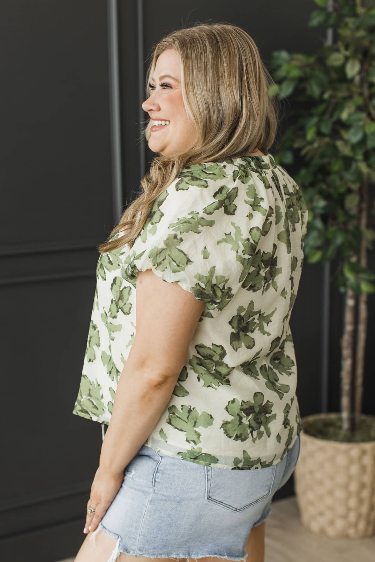 Bold Elegance Bubble Sleeve Blouse- Cream & Green - Image 6