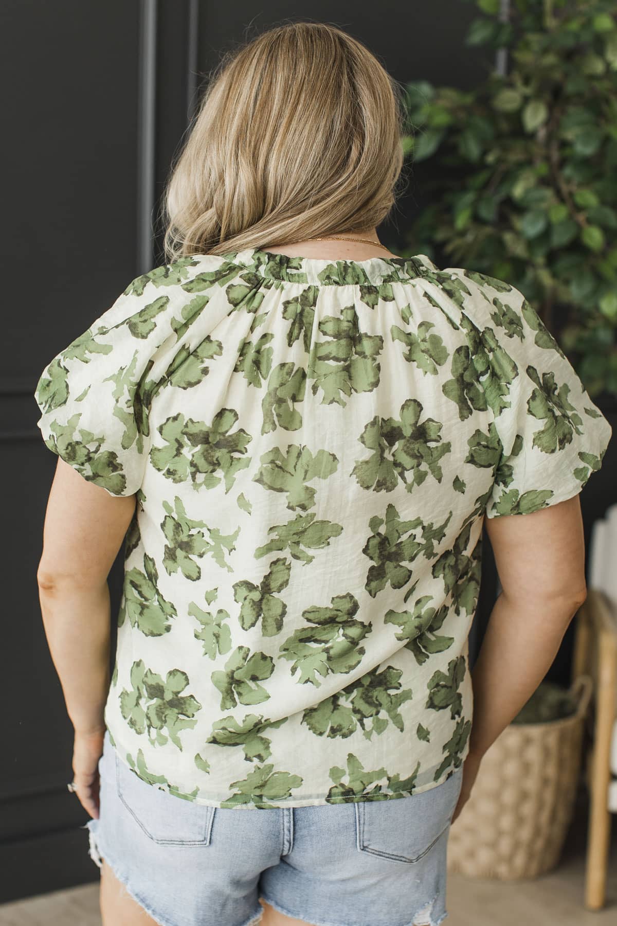 Bold Elegance Bubble Sleeve Blouse- Cream & Green - Image 8