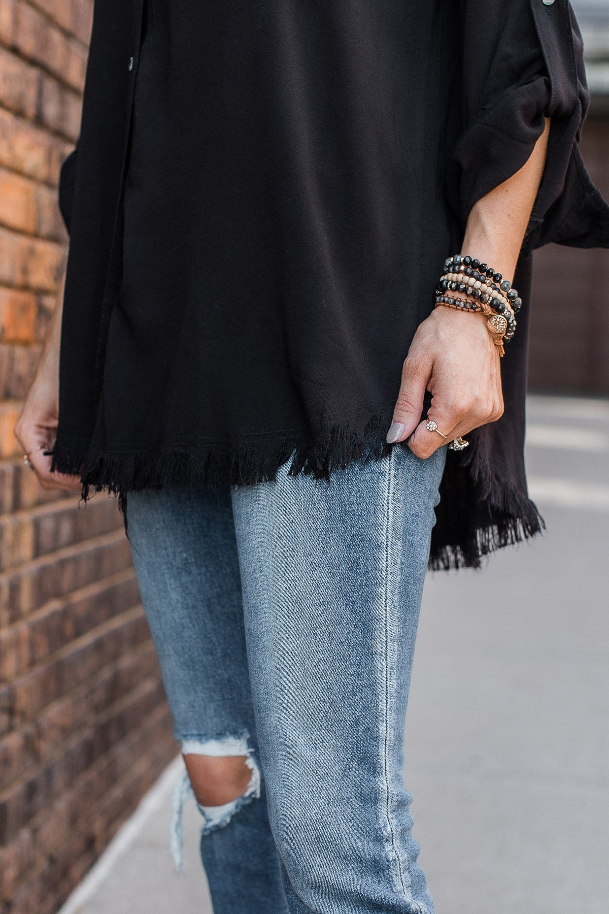 Bold Expressions Frayed Button Top- Black - Image 3