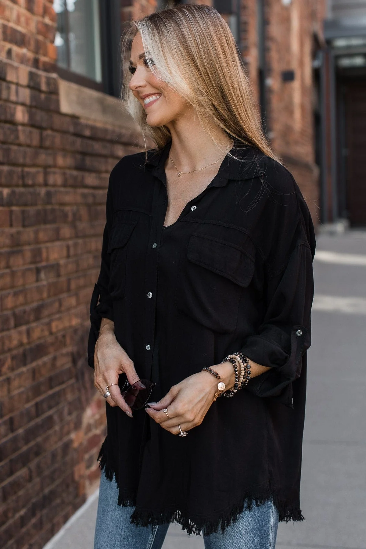 Bold Expressions Frayed Button Top- Black - Image 7