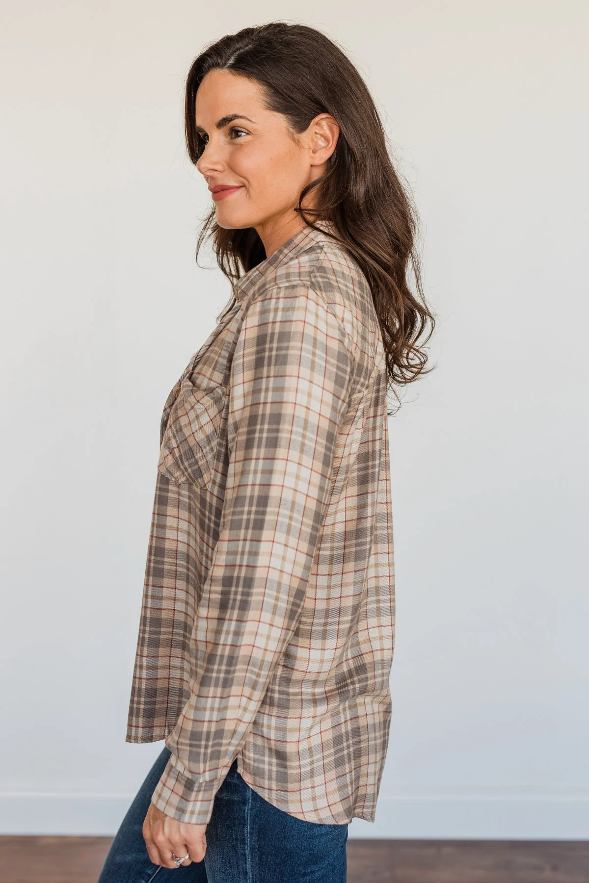 Bonfire Kisses Plaid Button Down Top- Beige, Taupe & Rust - Image 11