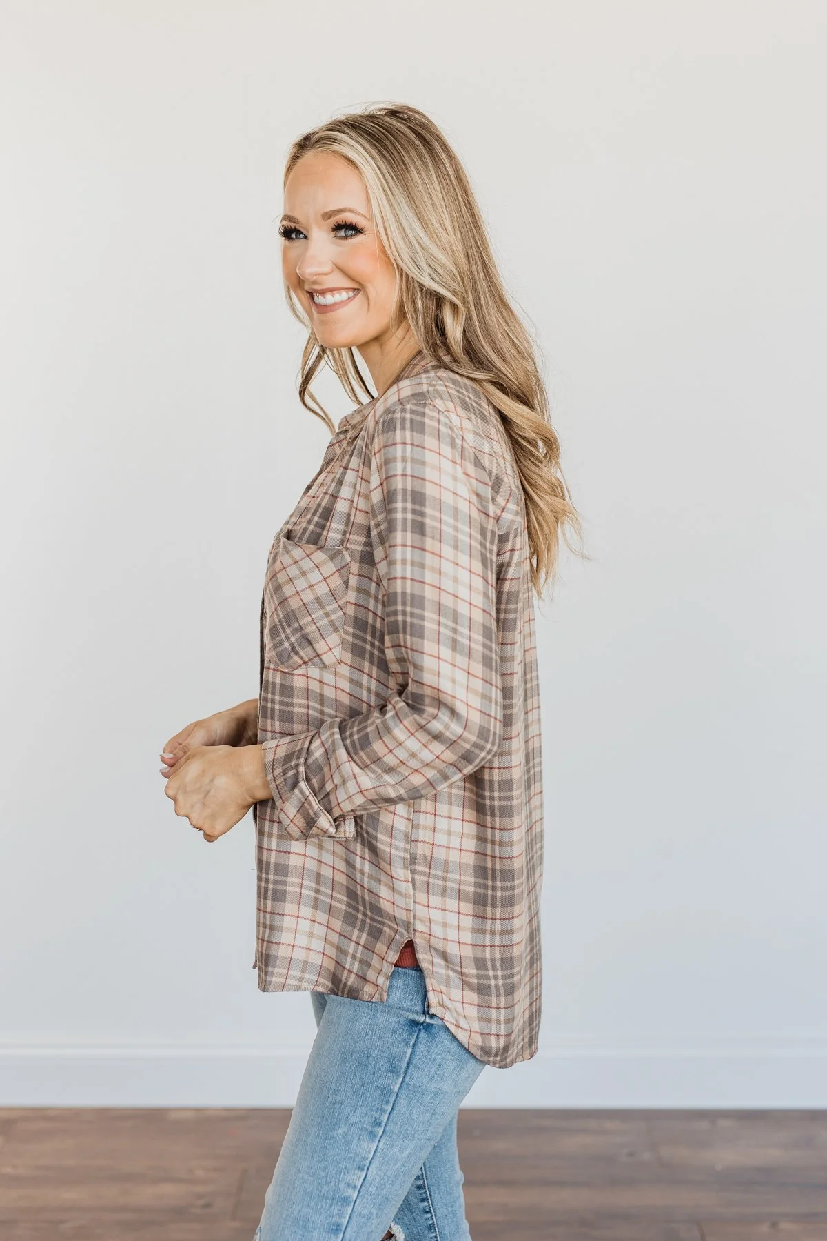 Bonfire Kisses Plaid Button Down Top- Beige, Taupe & Rust - Image 12