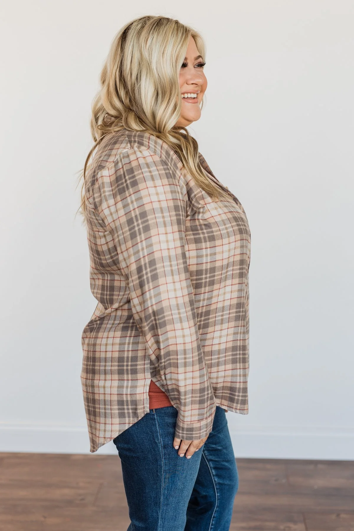 Bonfire Kisses Plaid Button Down Top- Beige, Taupe & Rust - Image 13