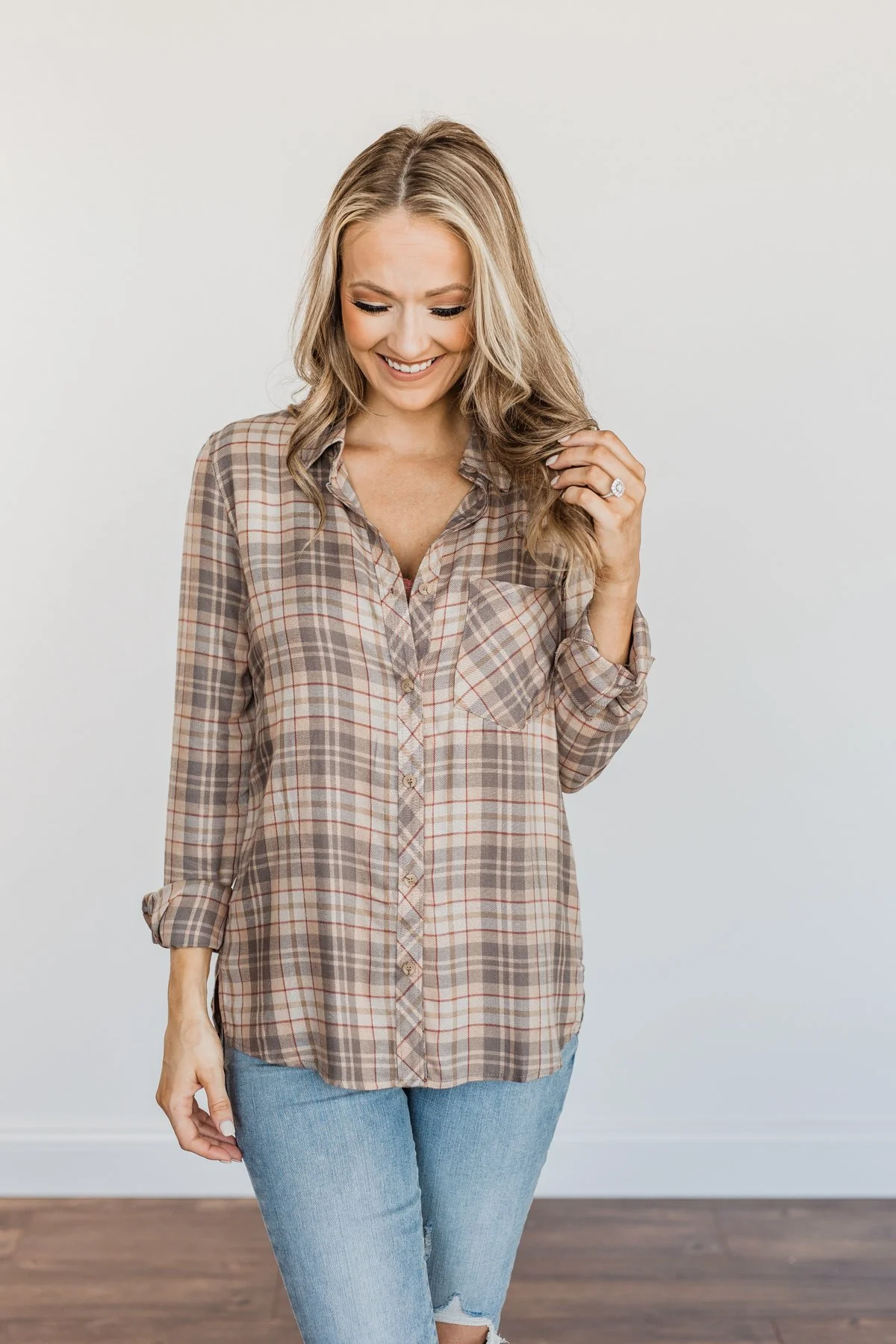 Bonfire Kisses Plaid Button Down Top- Beige, Taupe & Rust - Image 17