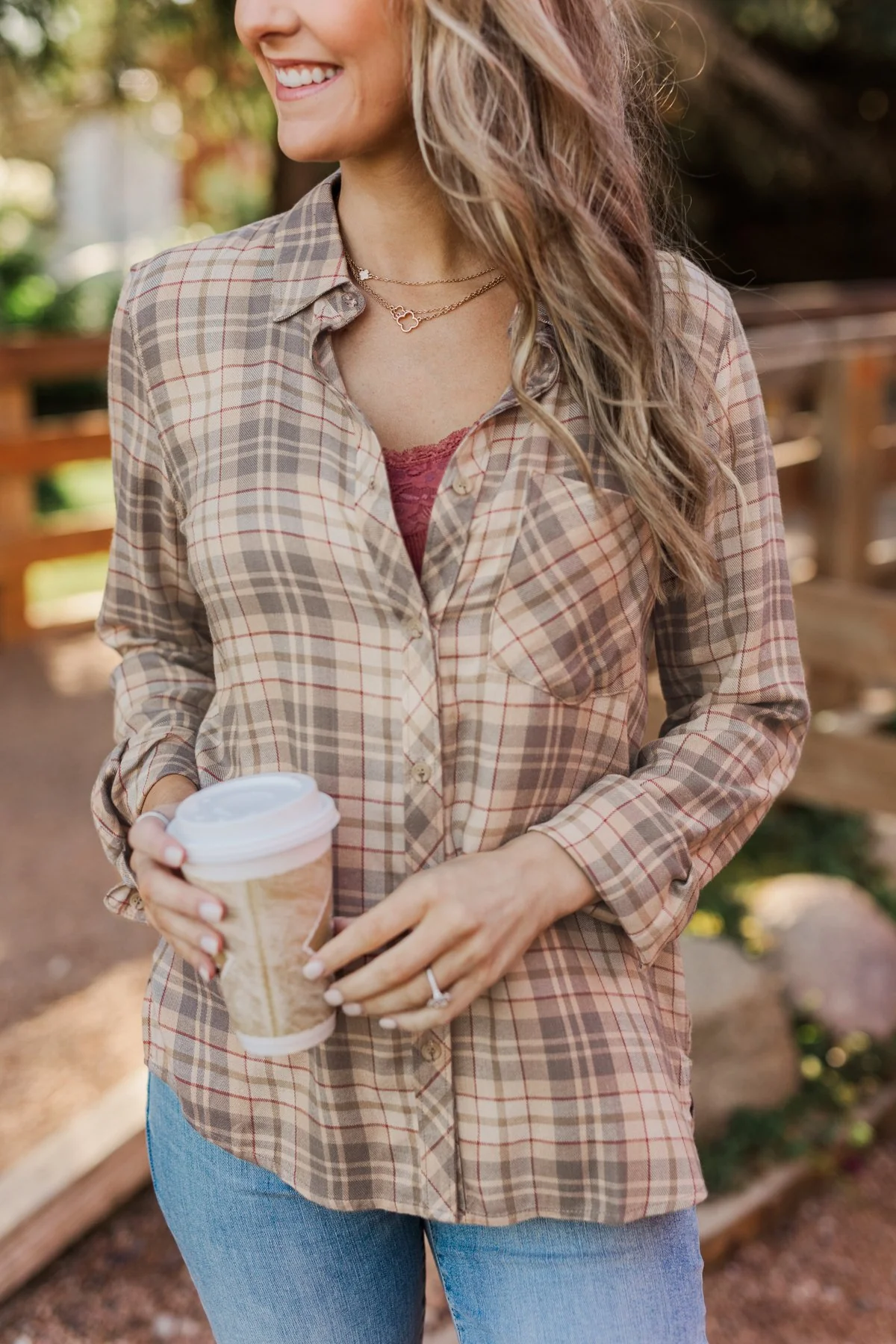 Bonfire Kisses Plaid Button Down Top- Beige, Taupe & Rust - Image 7