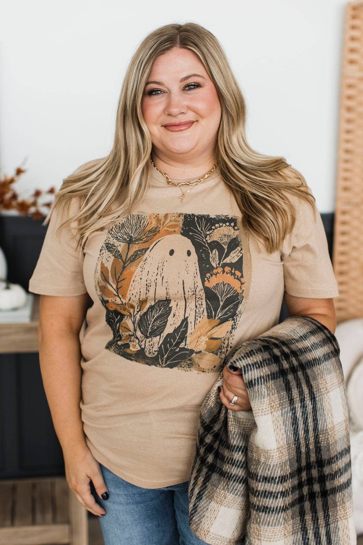 Boo-tiful Blooms Ghost Graphic Tee- Tan