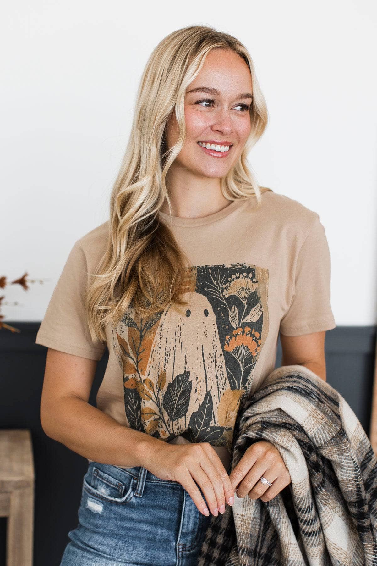 Boo-tiful Blooms Ghost Graphic Tee- Tan - Image 2