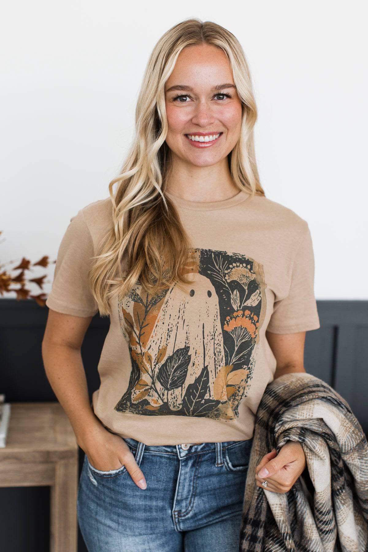 Boo-tiful Blooms Ghost Graphic Tee- Tan - Image 4