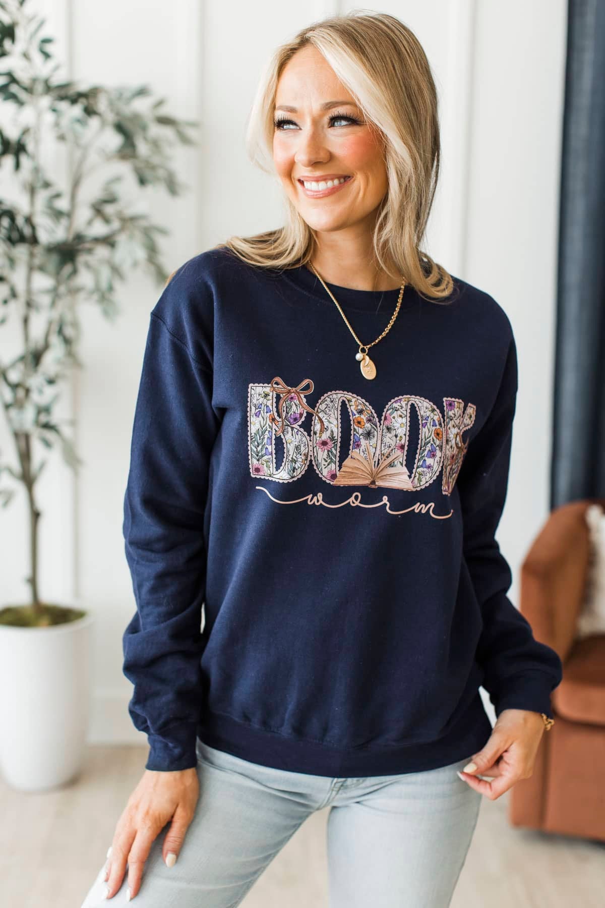 "Book Worm" Graphic Crew Neck Pullover- Navy - Image 4
