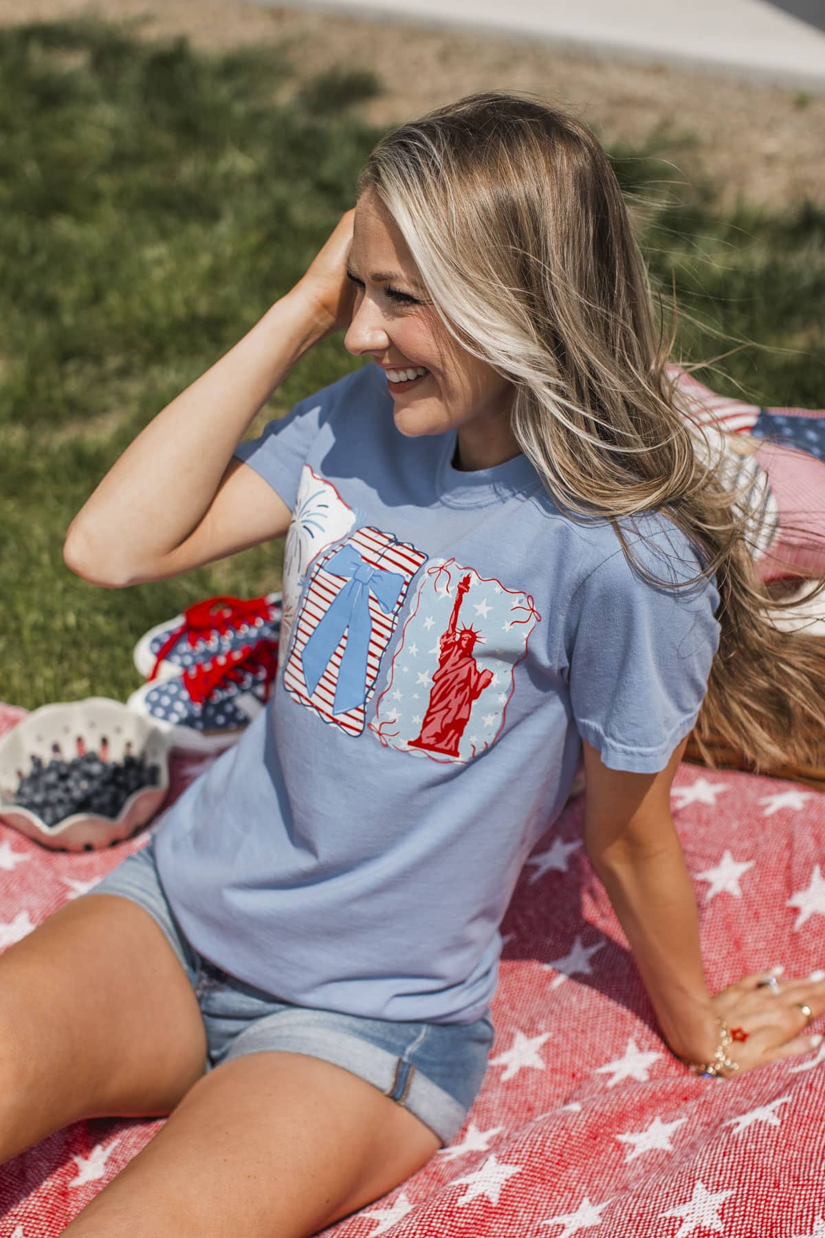 Fireworks, Bows & Freedom Graphic Tee- Washed Denim - Image 2