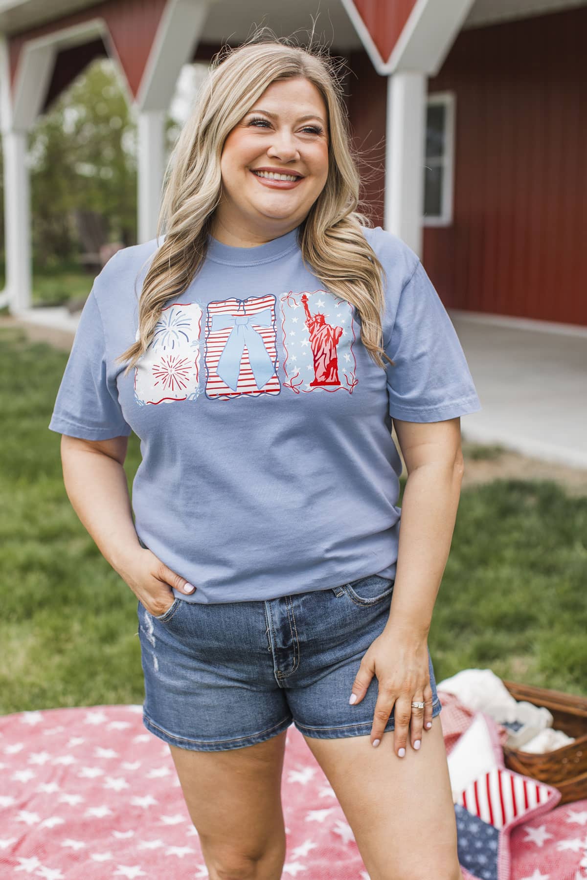 Fireworks, Bows & Freedom Graphic Tee- Washed Denim - Image 5