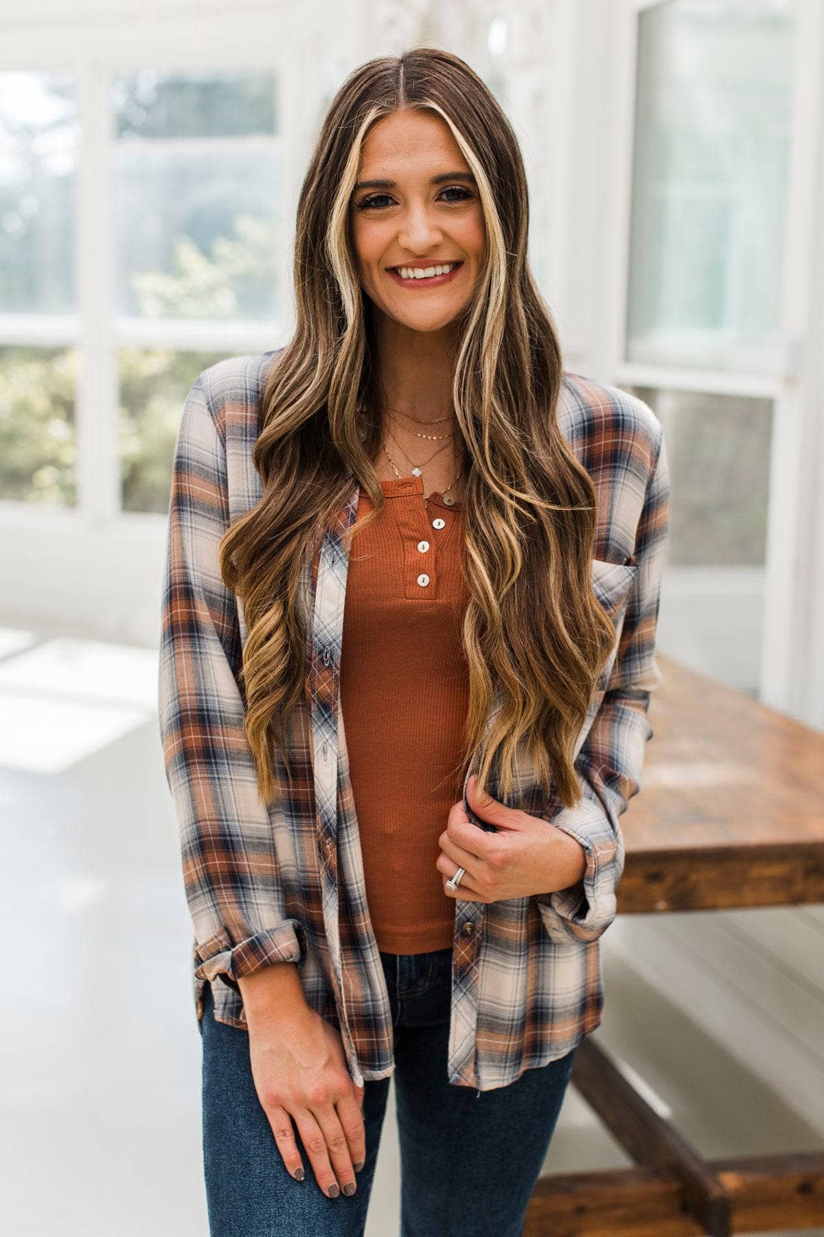 Born A Stunner Plaid Button Top- Denim & Rust - Image 5