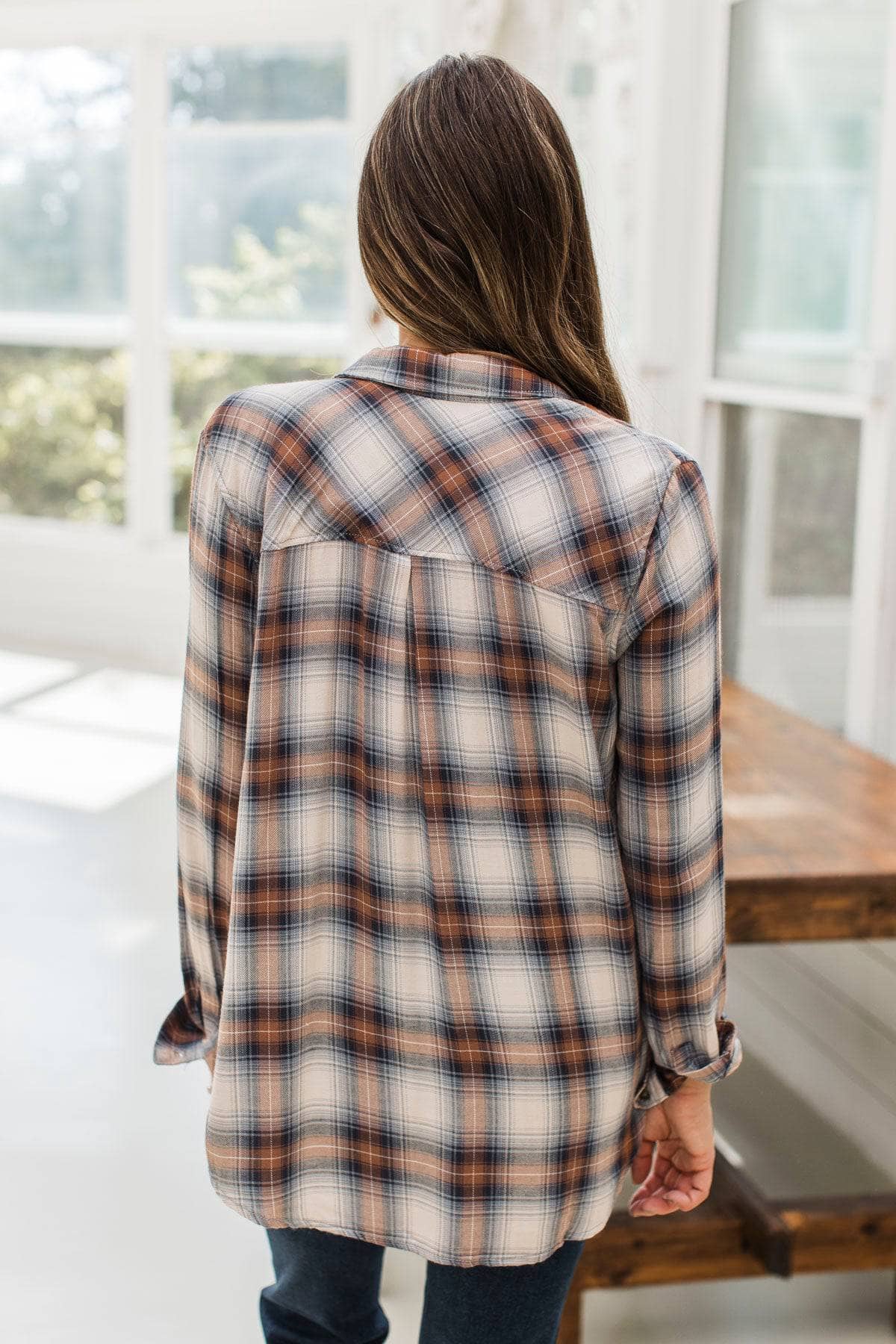 Born A Stunner Plaid Button Top- Denim & Rust - Image 9