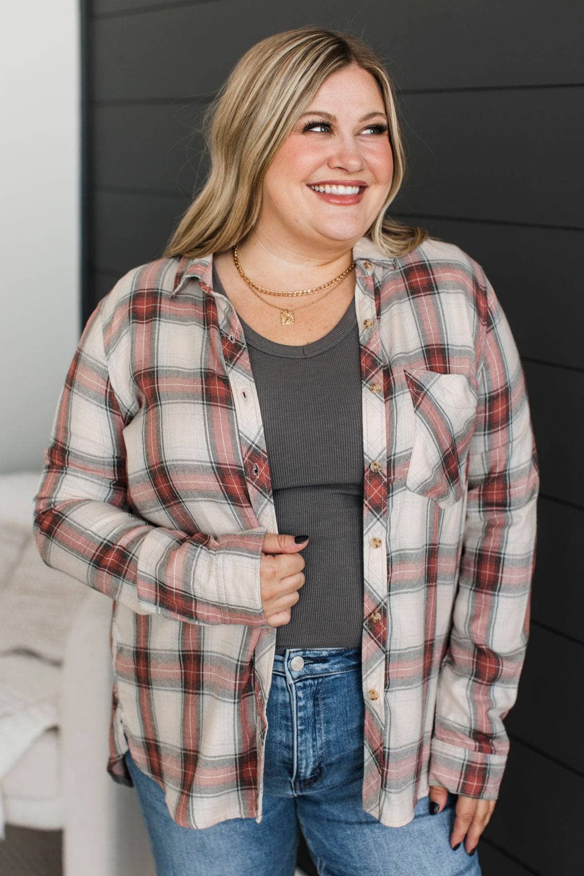 Born A Stunner Plaid Button Top- Heather Grey & Brick