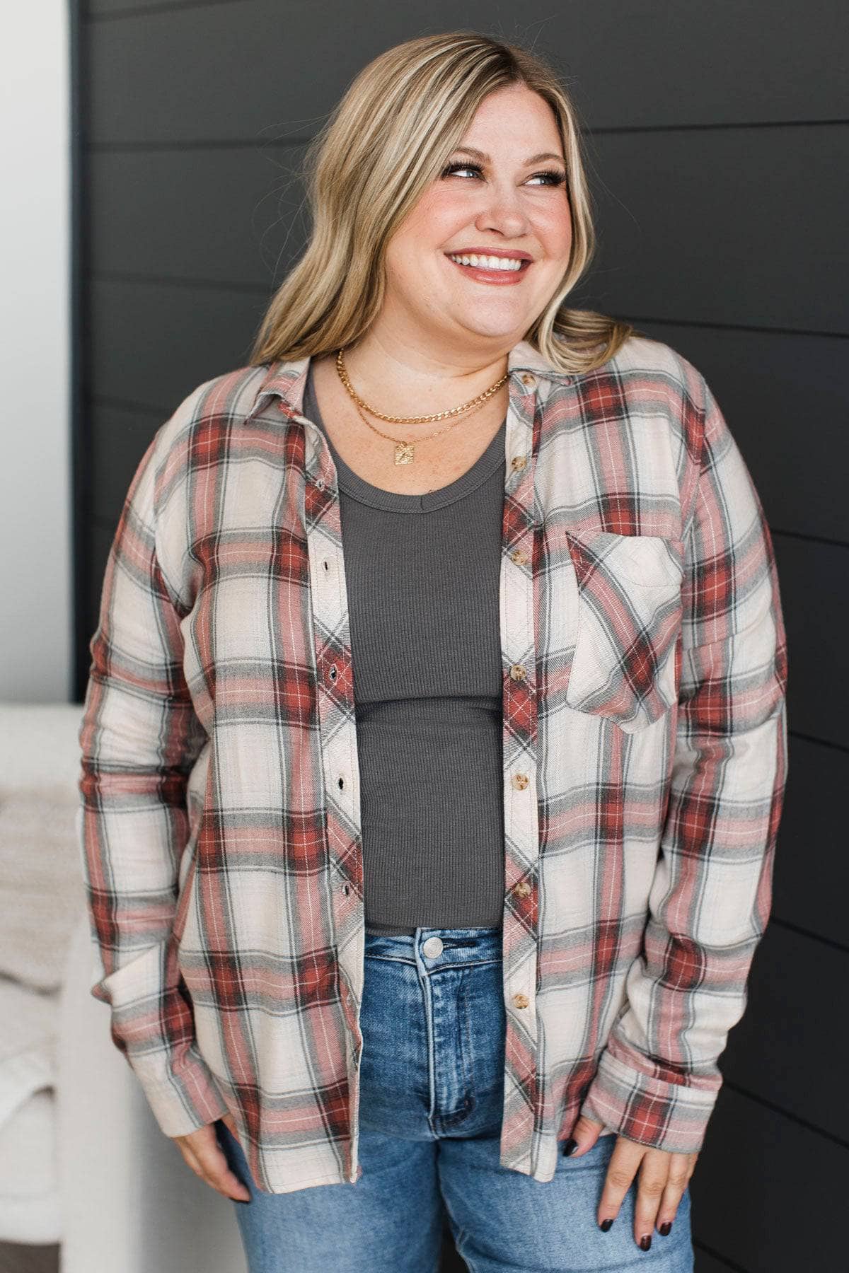 Born A Stunner Plaid Button Top- Heather Grey & Brick - Image 3