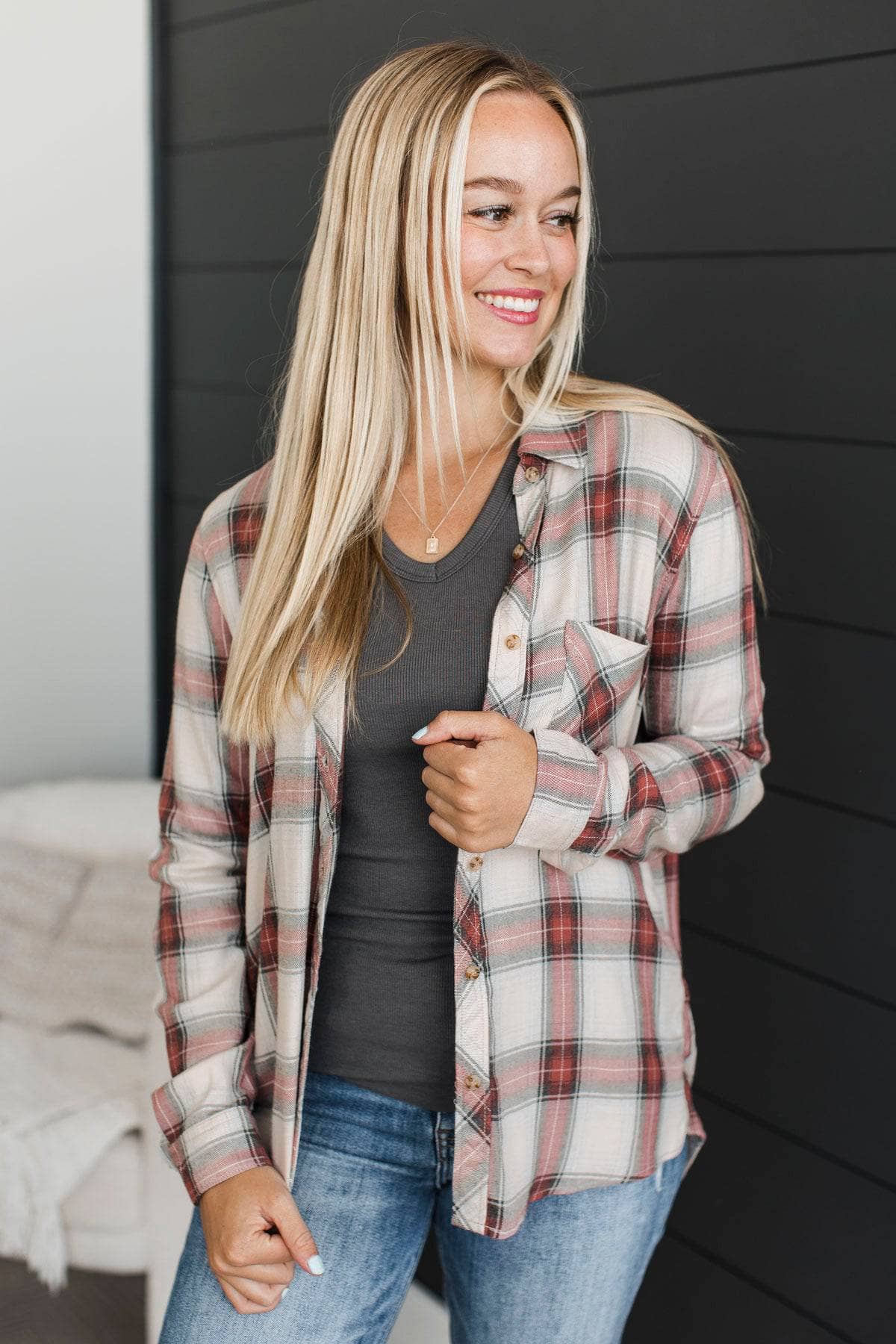 Born A Stunner Plaid Button Top- Heather Grey & Brick - Image 4