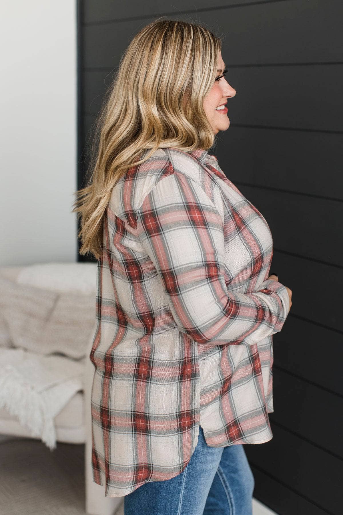 Born A Stunner Plaid Button Top- Heather Grey & Brick - Image 5