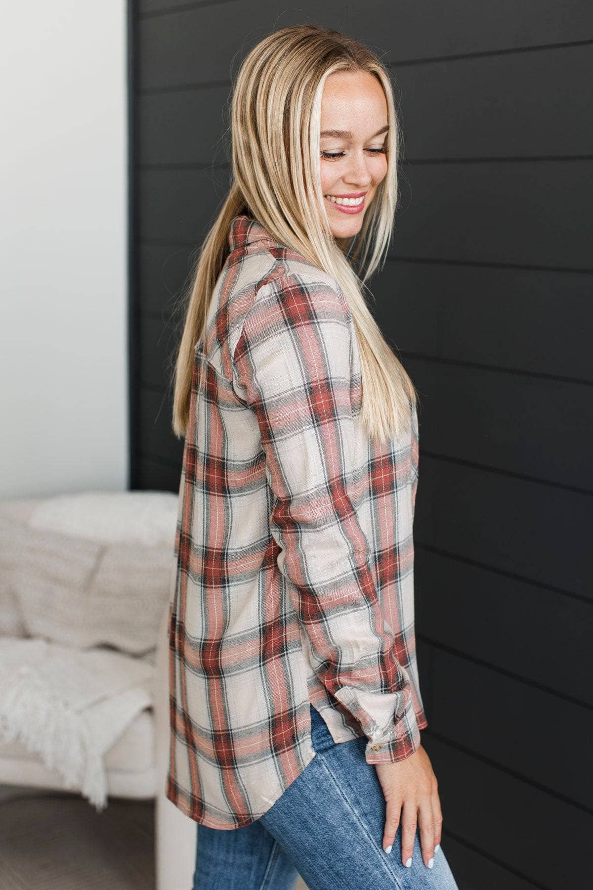 Born A Stunner Plaid Button Top- Heather Grey & Brick - Image 6