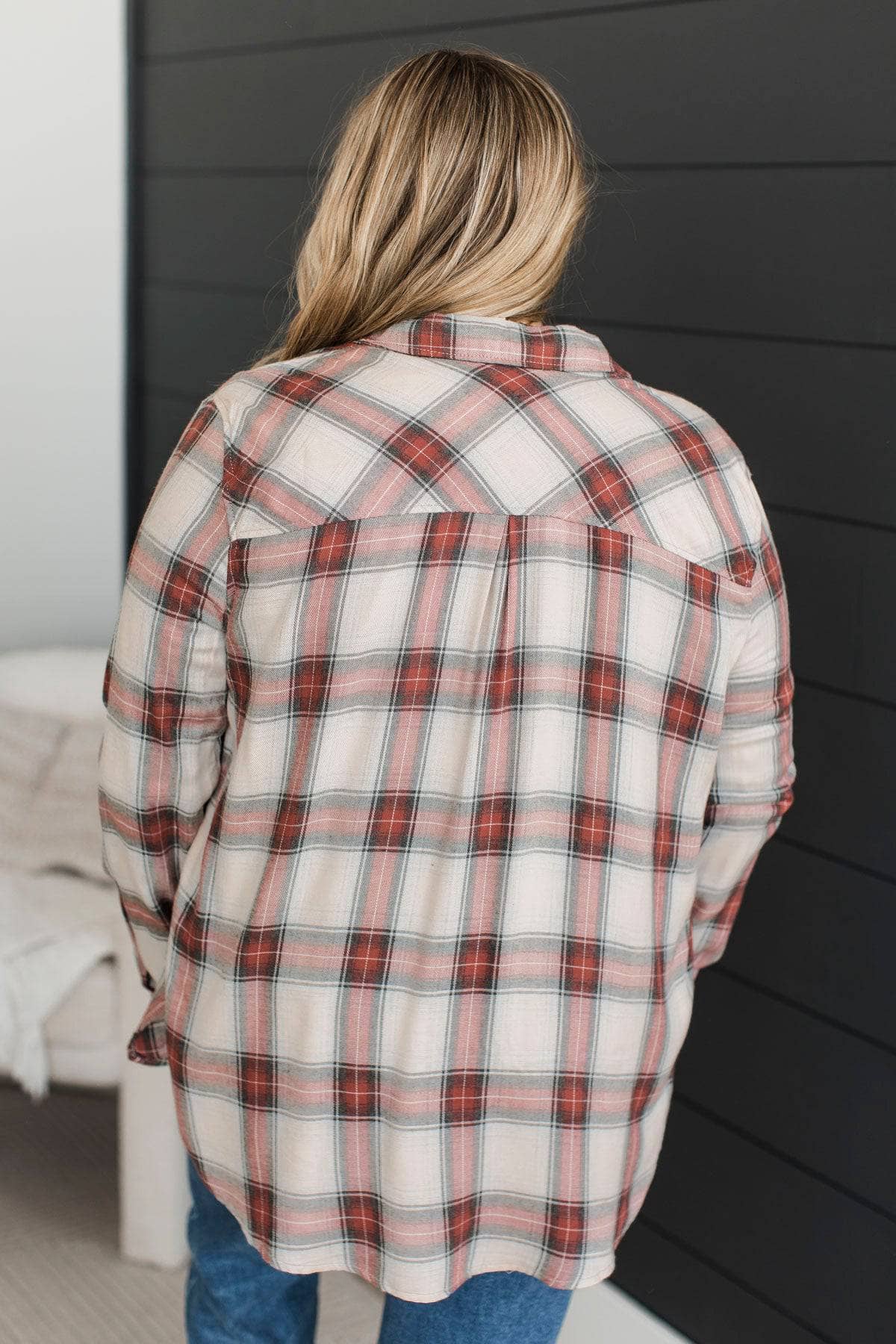 Born A Stunner Plaid Button Top- Heather Grey & Brick - Image 7