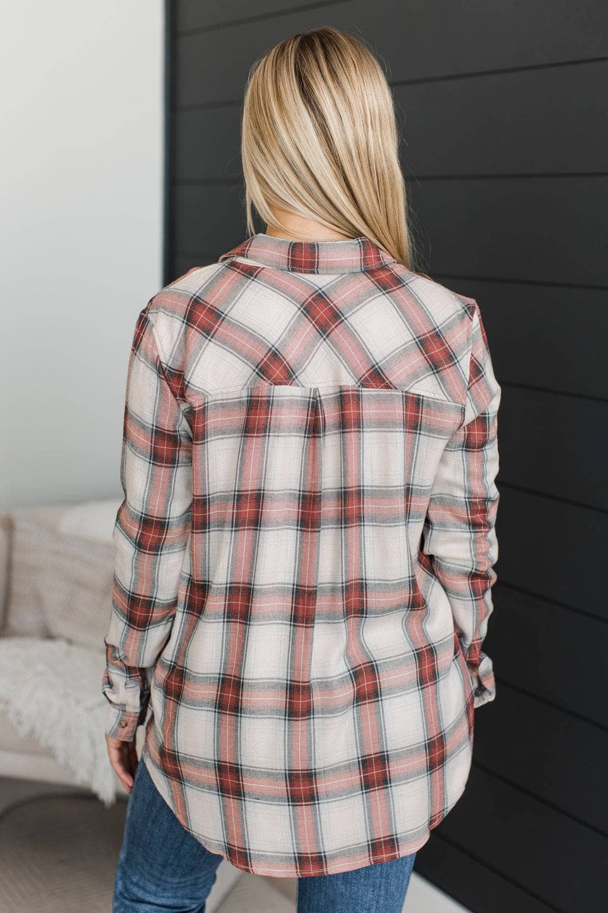 Born A Stunner Plaid Button Top- Heather Grey & Brick - Image 8