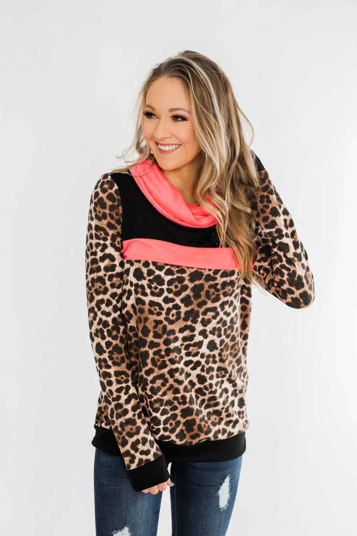 Born To Be Bold Cowl Neck Pullover- Leopard & Neon Pink - Image 3