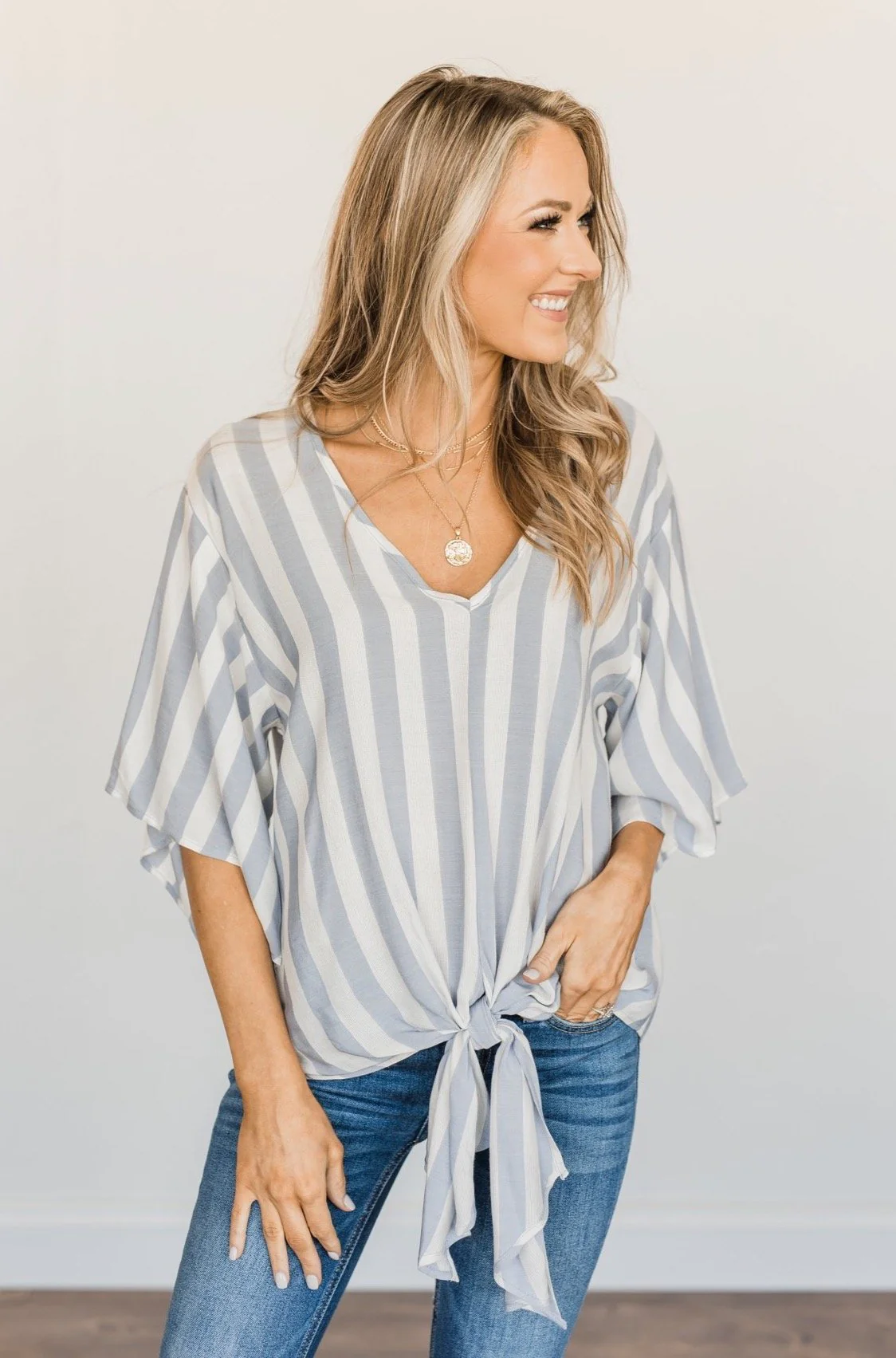 Born To Lead Front Tie Blouse- Dusty Blue & Ivory - Image 2