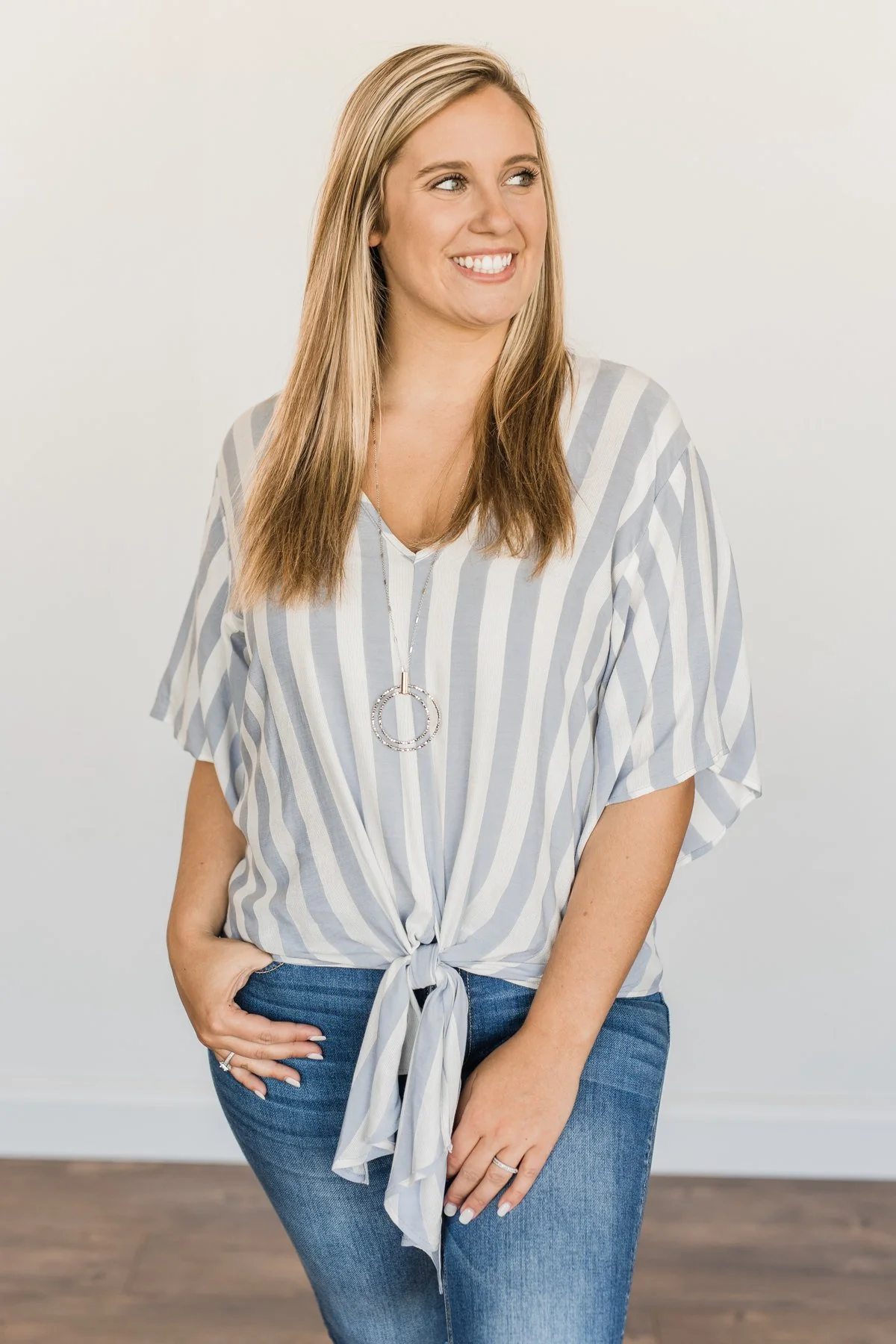 Born To Lead Front Tie Blouse- Dusty Blue & Ivory - Image 3