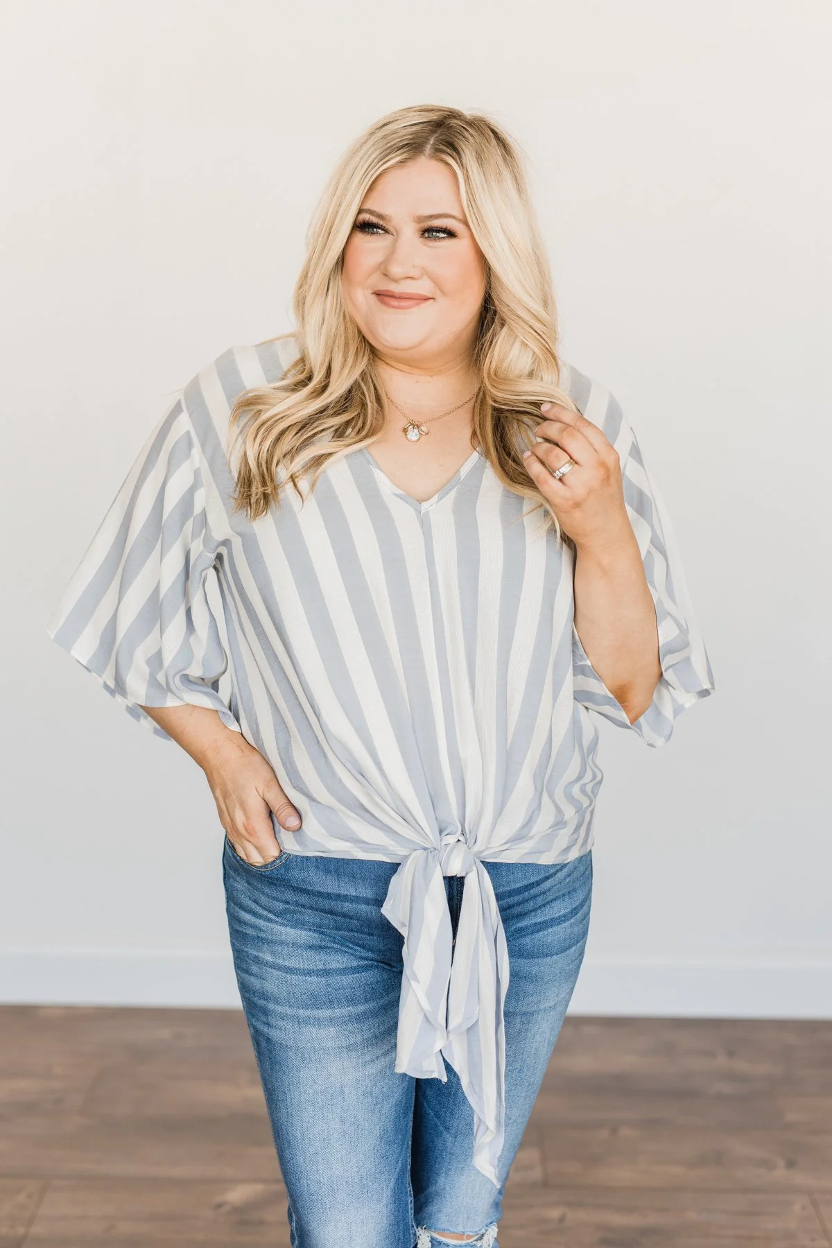 Born To Lead Front Tie Blouse- Dusty Blue & Ivory - Image 4
